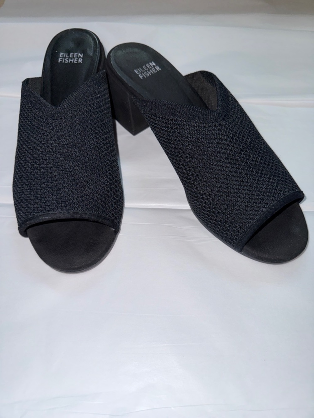 Eileen Fisher Black Knit Open-Toe Block Heel Mules